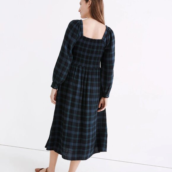 Madewell Plaid "Lucie" Long-Sleeve Smocked Midi Dress - Picture 2 of 4